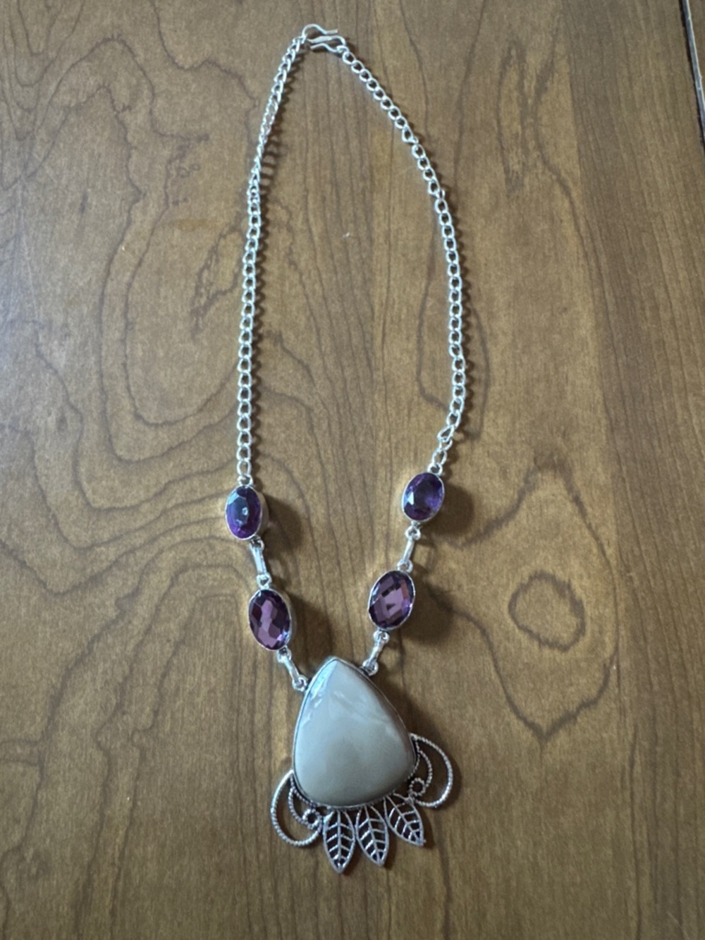 Sterling Silver 925 Picture Jasper & Amethyst Statement Necklace